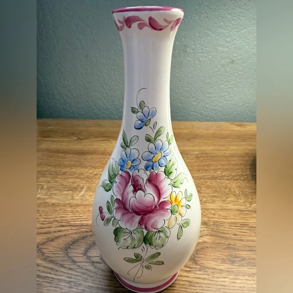 Signed Floral Ceramic Vase with Pink and Blue Accents